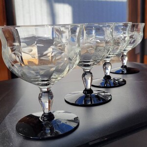 Vintage Optic Panel Wheel Cut Champagne Glasses-Clear Bowl and Stem with Black Base-Set of 4