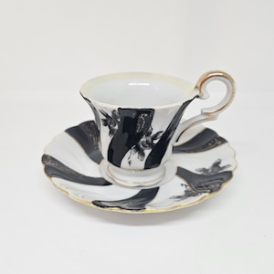 Black & White Demitasse Cup and Saucer with Black Floral Pattern-Made in Japan