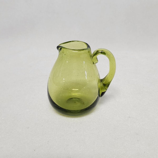 Vintage Avocado Green MINI Hand-Blown Glass Pitcher, Creamer, Jug