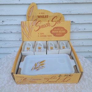 Vintage Anchor Hocking Wheat Snack Sets-4 Cups & 4 Plates In Original Box-Circa 1960's