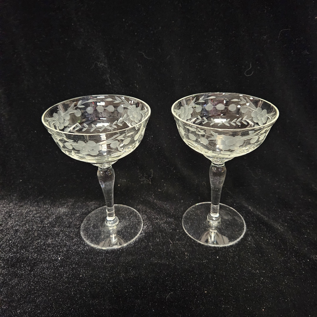 Vintage Wheel Cut Champagne Glasses-unknown Maker-set of 2-floral ...