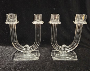 Heisey New Era dubbele kandelaars-paar glazen kandelaars in art-decostijl