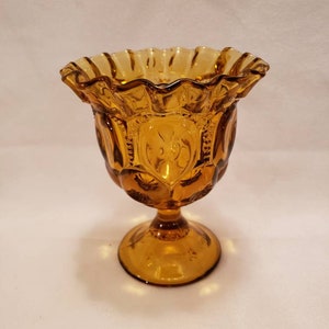 Vintage LE Smith Amber Crimped Edge Glass Compote Dish Moon & Stars Pattern
