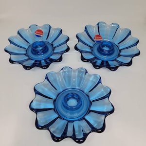 Fostoria Glass Celestial Blue Single Light Candlestick Candleholders-Set of 3