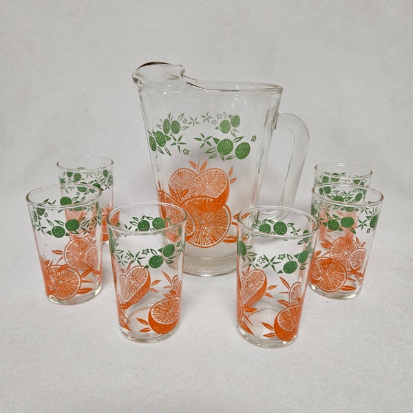 Vintage Orange Juice Pitcher & Six Juice Glasses-Orange Burst-Indiana Glass