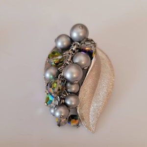 Vintage Silver-Tone Brooch with Cluster of Aurora Borealis & Grey Beads