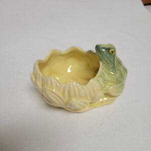 Może przedstawiać: Żółta ceramiczna doniczka w kształcie żaby z zielonymi detalami i żółtą glazurą. Żaba siedzi na łóżku z lilii wodnych.