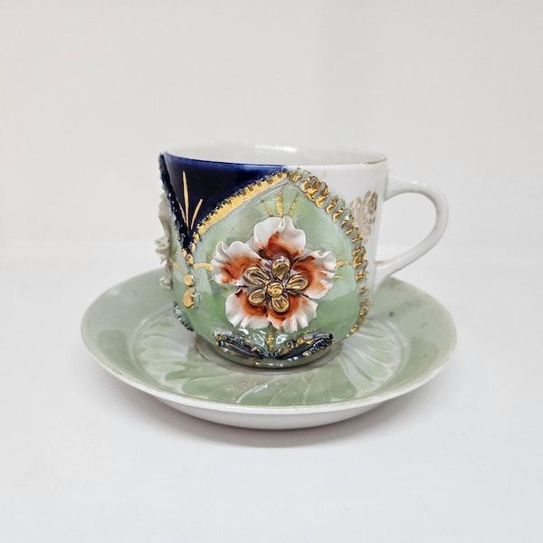 Vintage German Cup & Saucer with Applied Flowers, Seafoam Green Lustre and Gold Trim Made in Germany