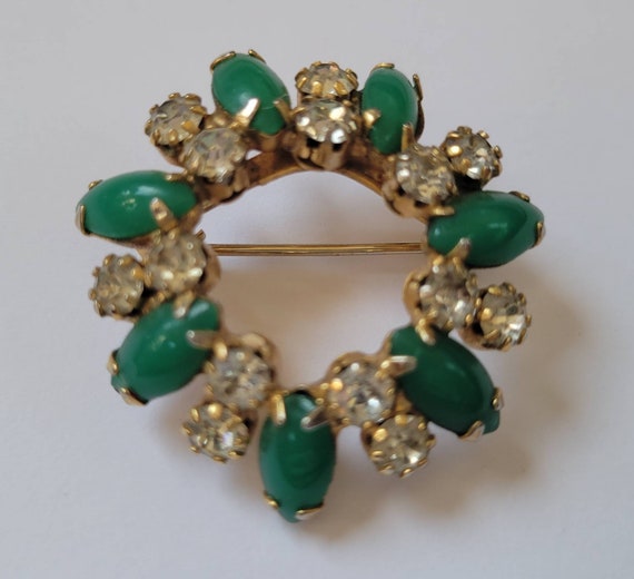 Vintage Mid Century Green and Rhinestone Circle B… - image 1