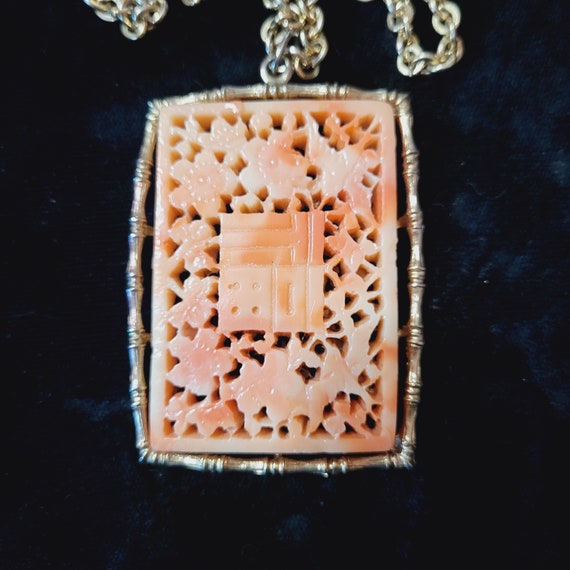 Signed JJ Jonette Jewelry Faux Carved Coral Penda… - image 2