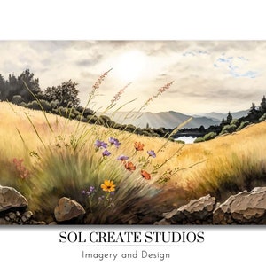 Wilde bloemen en gouden heuvels | Neutrale kleur landschap Wall Art, California Hills, digitale print, Home decor, housewarming cadeau