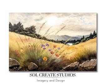 Wildflowers and Golden Hills | Neutral Color Landscape Wall Art, California Hills, Digital Print, Home Decor, Housewarming Gift