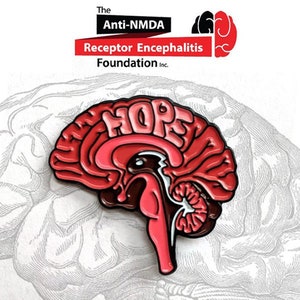 May include: A red and pink brain-shaped pin with the word "HOPE" in white letters. The pin is a stylized representation of a brain's cross-section. The pin is set against a gray background with the text "The Anti-NMDA Receptor Encephalitis Foundation Inc."