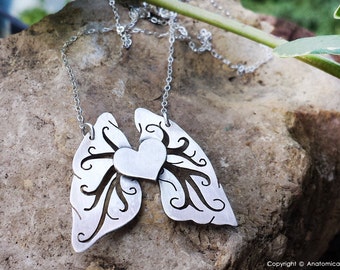 Heart and Filigree style Lungs sterling silver necklace