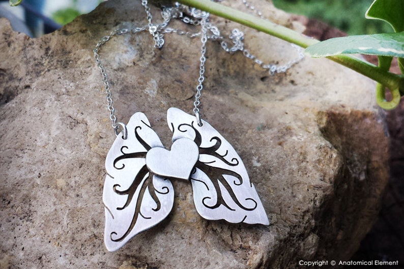 Heart and Filigree style Lungs sterling silver necklace image 1
