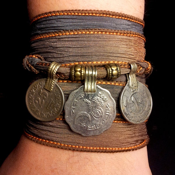 Storm Boho Silk Wrap Bracelet with Tribal Kuchi Coins, Belly Dance, Kuchi Jewelry, Hooping, Yoga Bracelet, Brown Grey w/Gold Accents