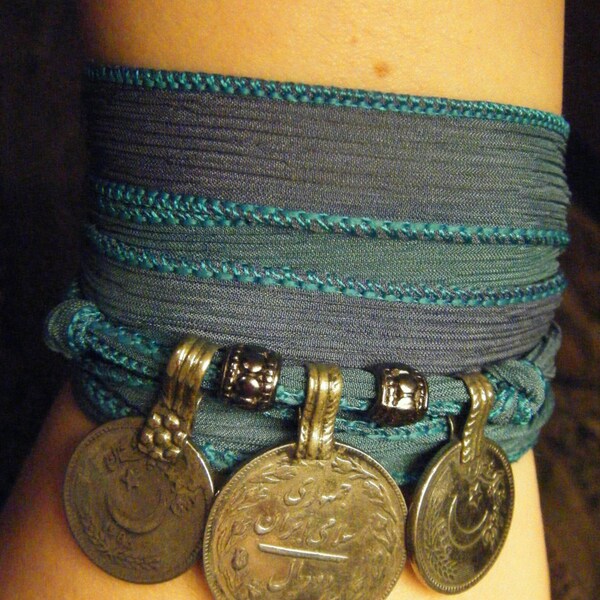 Oceania Boho Silk Wrap Bracelet with Tribal Kuchi Coins, Gypsy, Bellydance, Yoga Bracelet, Blue & Periwinkle Hues w/Silver Accents