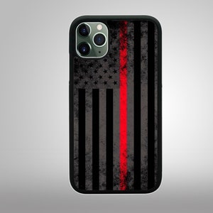 May include: Black phone case with a distressed American flag design and a single red stripe down the center.