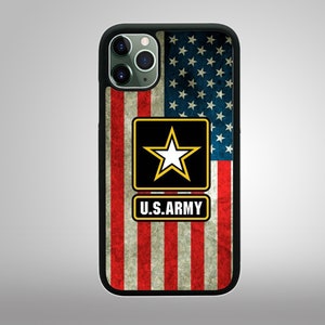 May include: A black phone case featuring a distressed American flag design and a yellow U.S. Army logo with a white star.