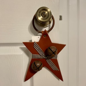 BROWN STAR RIBBON Sleigh Bell Rustic Country Bells Holiday Decorations Hanging on Leather Strap Jingle Door Bell Hanger Amish Seasonal