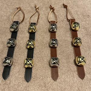 SLEIGH BELLS LEATHER 3 Bells Hanging on Leather Brown On Leather Strap Bell Jingle Bell Door Christmas Holiday Door Hanger Amish Made Silver