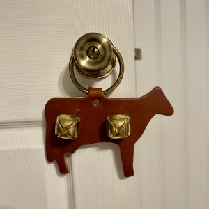 BROWN COW COWS Farm Farming Sleigh Bell Bells Holiday Decorations Hanging on Leather Strap Bell Jingle Bell Door Hanger Amish Seasonal