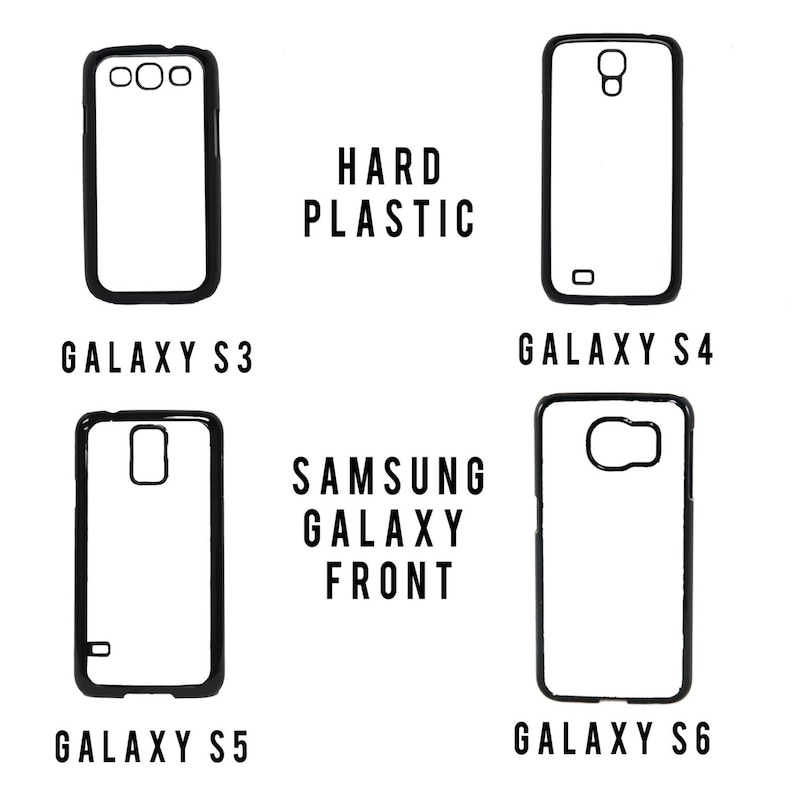 K&ouml;nnte beinhalten: Vier Hartplastik-Samsung Galaxy-Handyh&uuml;llen f&uuml;r die Modelle Galaxy S3, S4, S5 und S6. Jede H&uuml;lle ist schwarz umrandet, mit dem Namen des Telefonmodells darunter. Der Text "HARD PLASTIC" und "SAMSUNG GALAXY FRONT" sind ebenfalls abgebildet.