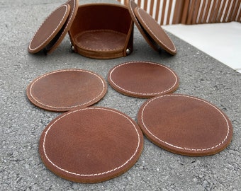 AMISH LEATHER COASTER Coasters Set Real Genuine Handmade Leather Circle Coasters Stitched Set of 4 8 Holder Brown Stamp Stamping Stitching