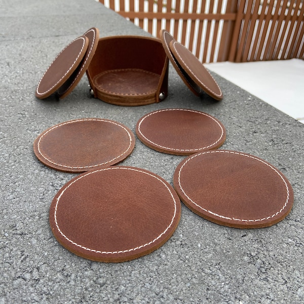 AMISH LEATHER COASTER Coasters Set Real Genuine Handmade Leather Circle Coasters Stitched Set of 4 8 Holder Brown Stamp Stamping Stitching