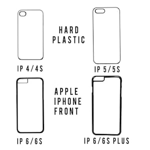 K&ouml;nnte beinhalten: Auf wei&szlig;em Hintergrund werden vier schwarz umrandete iPhone-H&uuml;llen gezeigt. Der Text lautet "HARD PLASTIC" und "APPLE IPHONE FRONT". Die H&uuml;llen sind mit IP 4/4S, IP 5/5S, IP 6/6S und IP 6/6S PLUS beschriftet, was die Kompatibilit&auml;t anzeigt.