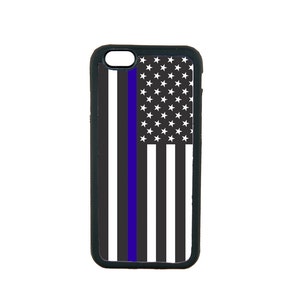 May include: Black phone case with an American flag design featuring a thin blue line.
