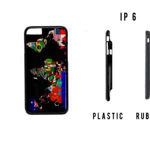 May include: A black phone case with a world map design featuring flags of different countries. The case is available in both plastic and rubber options. The text "IP 6" is displayed above the case.