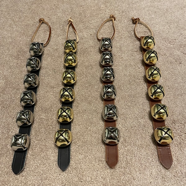 SLEIGH BELLS LEATHER 6 Bells Hanging on Leather Brown On Leather Strap Bell Jingle Bell Door Christmas Holiday Door Hanger Amish Made Bronze
