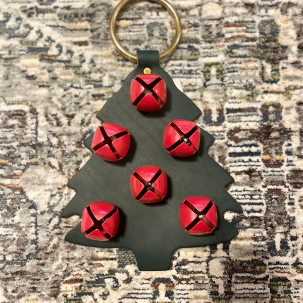 CHRISTMAS TREE RED Bells Holiday Xmas Decorations Hanging on Leather Strap Bell Jingle Bell Door Bell Hanger Amish Sleigh Bell Seasonal