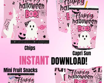 May include: Pink Halloween party favour designs, including chip bags, Capri Sun drinks, and Ring Pops. Each item features a ghost, jack-o'-lantern, and the text "Happy Halloween Boo!" with a bunny and spiderwebs.