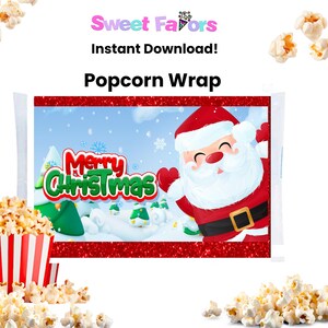 May include: Red and white popcorn bag wrapper with a Christmas theme. It features a cartoon Santa Claus with a white beard and a red hat, and the words "Merry Christmas" in green and red letters.