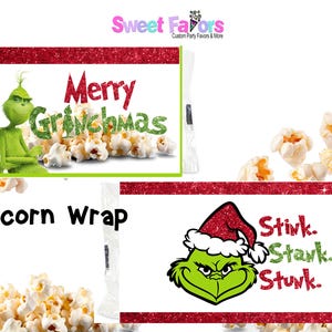 May include: A printable design for a popcorn bag featuring the Grinch from the movie How the Grinch Stole Christmas. The design includes the text "Merry Grinchmas" and "Stink. Stark. Stunk."