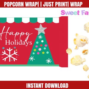 May include: A red popcorn wrap design with a green Christmas tree and the words "Happy Holidays." The tree is decorated with colorful ornaments and topped with a silver star. White snowflakes and popcorn are also visible.