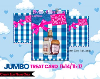 May include: A blue and white gingham-patterned gift card with a pink bow and the text "Sweet Favors" and "Bath & Body Works." The card is decorated with hearts and clouds. The image also shows three Bath & Body Works products.