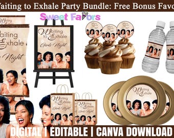 Könnte beinhalten: Ein Party-Bundle zum Thema "Waiting to Exhale" mit verschiedenen Artikeln wie einem Schild, Cupcakes, Wasserflaschen, Tellern und einer Weinflasche. Das Design zeigt Bilder von Frauen und den Text "Girls Night".