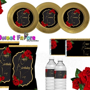 Rode rozen/zwart feestbundel canvagebruikers (inzetstukken, waterflesetiketten, wikkels voor snoeprepen en zakje chips)