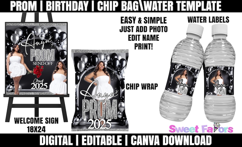 Prom Chip Bag & Water Label Template: Editable Canva Design (digital ...