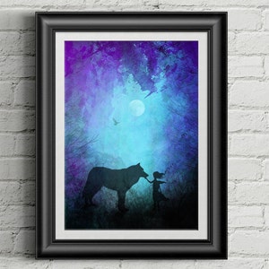 Wolf Girl Print | Full Moon | Forest Animals | Lunar Painting | Forest Friends | Wolf Art Print | Wolf Whisperer | Moon Print