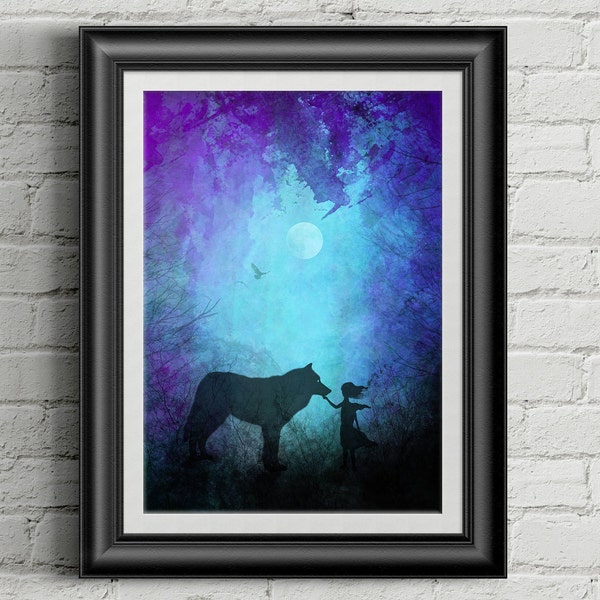 Wolf Girl Print | Full Moon | Forest Animals | Lunar Painting | Forest Friends | Wolf Art Print | Wolf Whisperer | Moon Print