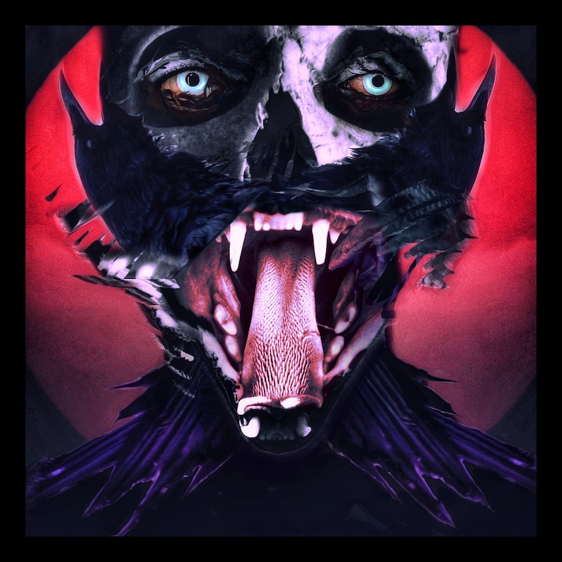 May include: A digital art illustration of a skull with a gaping mouth and a long, pink tongue. The skull has blue eyes and is surrounded by black feathers. The background is a red gradient.