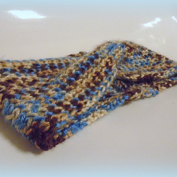 Hand knitted brown and blue head band, blue brown ears warmer