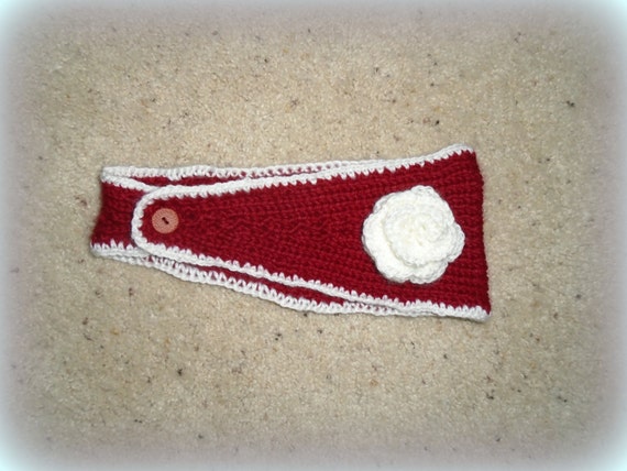 Hand Knitted Red Headband: Crochet Flower Ear Warmer - Etsy display picture 3