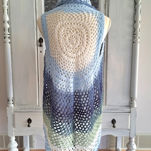 Circular hand crocheted vest, bohemian vest, mandala vest, blue green vest, layered look, S-L