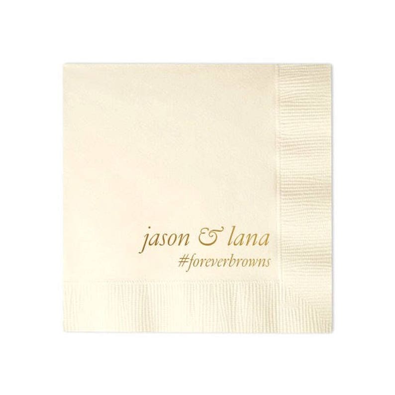 names and wedding hashtag {lots of foil and napkin colors!} Personalized custom wedding cocktail napkins