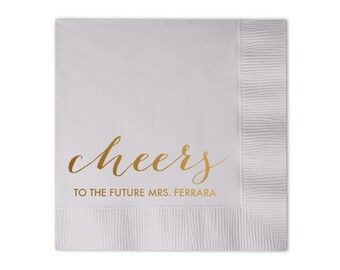 Cheers to the Future Mrs. {last name} Personalized Custom Gold Foil Stamped Cocktail Napkins {dove grey} | Bridal Shower Napkins